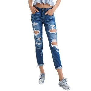 EUC American Eagle Distressed Tomgirl Jeans - Dark Blue Wash - Button Fly